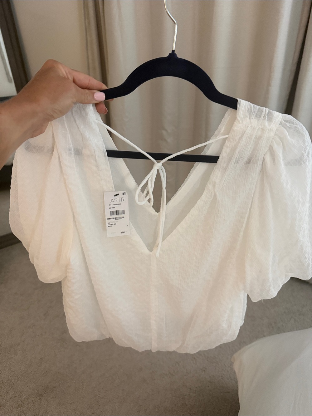 Astr Cream Gauze V-Neck Puff Sleeve Tie-Back Blouse